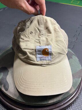Carhartt Beige Mesh-Back Snapback Hat With Logo Patch Breathable Design Adjustab